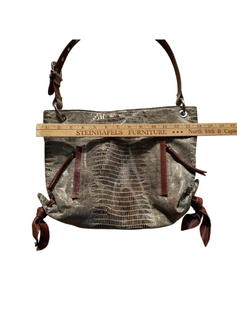 Chez Women's Hobo Bag Tan Brown Leather Snake Embossed Metallic Shoulder Tote